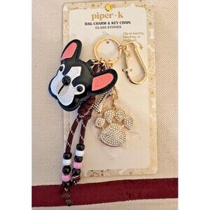 Piper K French Bulldog Bag Charm Keychain Black Gold Glass Stones Bling NEW